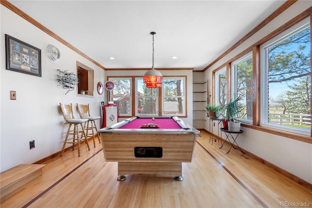playroom with crown molding, billiards, and baseboards