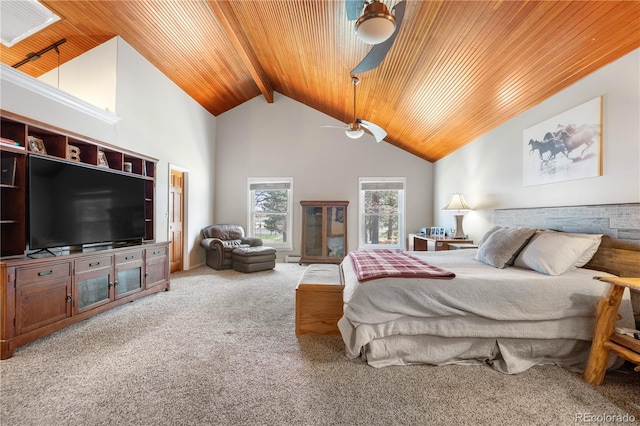 bedroom with ceiling fan, carpet floors, high vaulted ceiling, wooden ceiling, and beamed ceiling