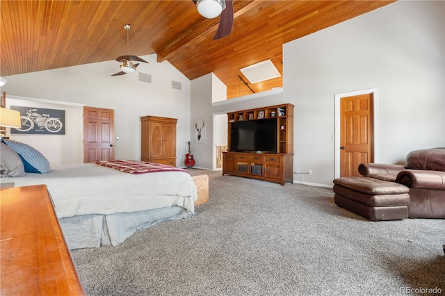 carpeted bedroom featuring high vaulted ceiling, visible vents, wooden ceiling, and ceiling fan