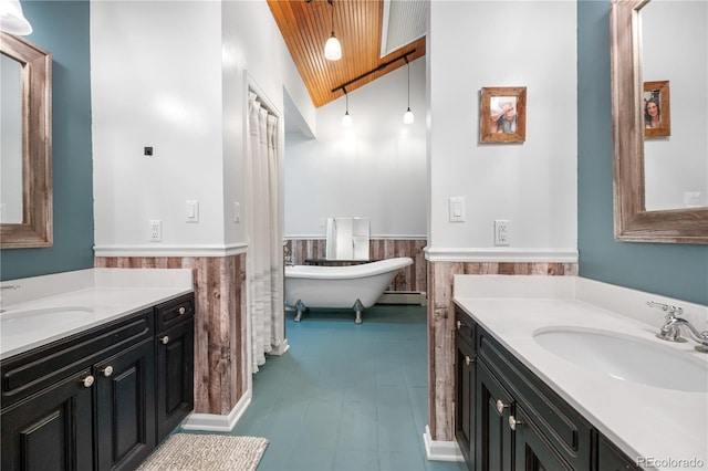 bathroom with a sink, wainscoting, and two vanities
