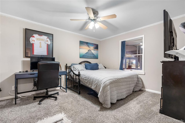bedroom with crown molding, carpet floors, baseboards, and ceiling fan