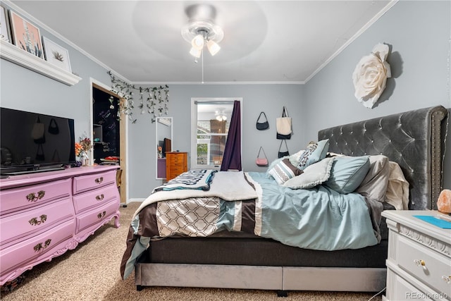 bedroom featuring carpet flooring, ceiling fan, and ornamental molding