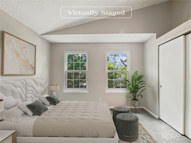 carpeted bedroom with a textured ceiling and lofted ceiling