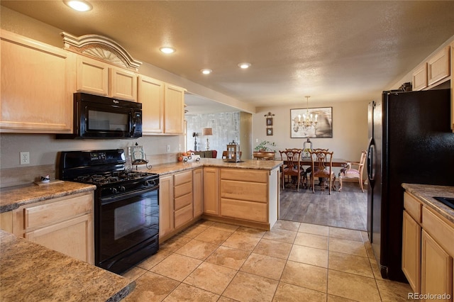 kitchen featuring kitchen peninsula, pendant lighting, light brown cabinetry, light tile patterned flooring, and black appliances