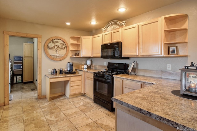 kitchen featuring light tile patterned flooring, light brown cabinetry, and black appliances