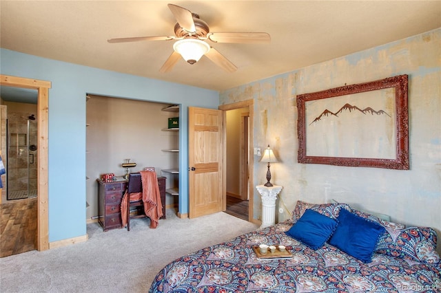 bedroom with ceiling fan and carpet floors