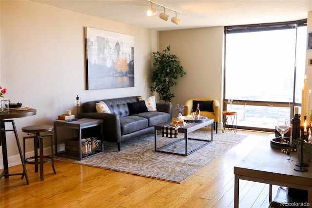 living room with expansive windows, baseboards, wood finished floors, and track lighting