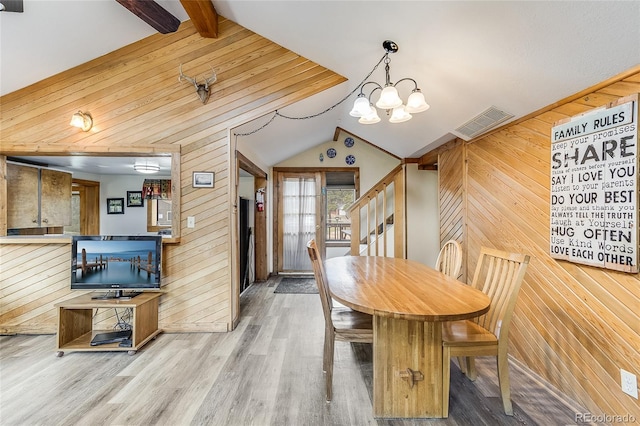 dining area with wood-type flooring, lofted ceiling with beams, a chandelier, and wooden walls