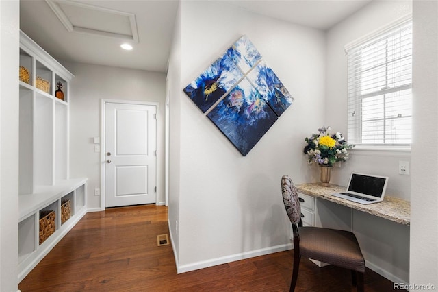 office with attic access, wood finished floors, recessed lighting, built in study area, and plenty of natural light