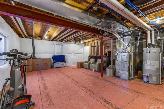 unfinished below grade area featuring water heater and heating unit