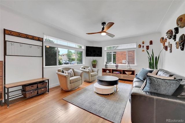 845 Jasmine St, Denver, CO 80220 - living area featuring wood finished floors, plenty of natural light, and a ceiling fan