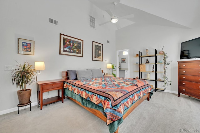 845 Jasmine St, Denver, CO 80220 - bedroom with high vaulted ceiling, light colored carpet, and ceiling fan