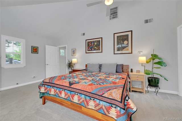 845 Jasmine St, Denver, CO 80220 - carpeted bedroom featuring high vaulted ceiling and ceiling fan