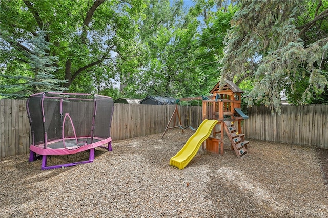 845 Jasmine St, Denver, CO 80220 - view of jungle gym featuring a fenced backyard and a trampoline