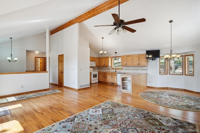 84 Sunny Ridge Ln, Bailey, CO 80421 - kitchen featuring a chandelier, white appliances, light countertops, light wood finished floors, and light brown cabinets