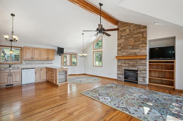 84 Sunny Ridge Ln, Bailey, CO 80421 - kitchen featuring a chandelier, light brown cabinets, dishwasher, open floor plan, and ceiling fan