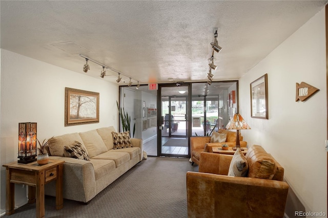 3675 S Cherokee St Unit 710, Englewood, CO 80110 - living area featuring rail lighting, carpet, and a textured ceiling