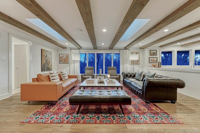 living room featuring recessed lighting, beam ceiling, and wood finished floors