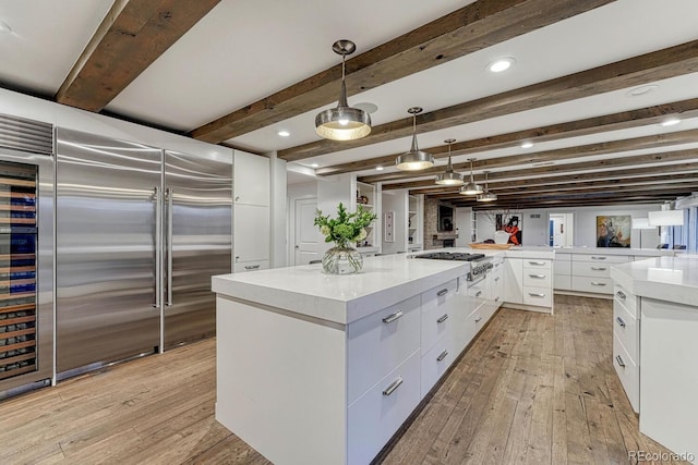 kitchen featuring stainless steel appliances, light wood-type flooring, white cabinetry, and modern cabinets