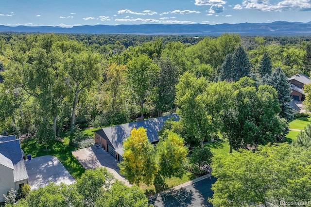 aerial view featuring a wooded view and a mountain view