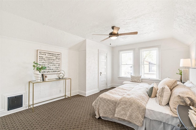 2826 Quitman St, Denver, CO 80212 - bedroom with a textured ceiling, carpet floors, lofted ceiling, and ceiling fan