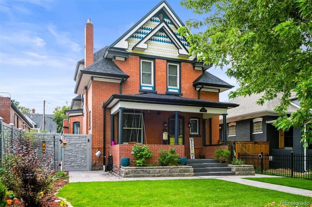 3811 N Clay St, Denver, CO 80211 - victorian home featuring covered porch, brick siding, fence, and a front lawn