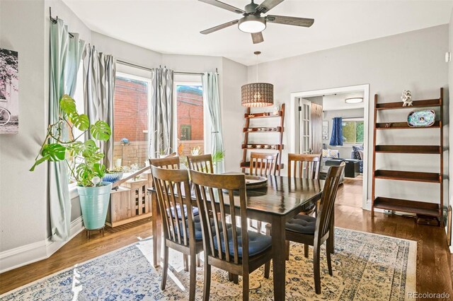 3811 N Clay St, Denver, CO 80211 - dining area with baseboards, wood finished floors, and a ceiling fan