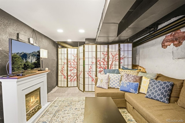 3811 N Clay St, Denver, CO 80211 - living area with a warm lit fireplace and recessed lighting