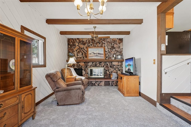 11349 Downing Dr, Northglenn, CO 80233 - living area with carpet, a chandelier, a fireplace, and beam ceiling