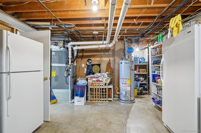 11349 Downing Dr, Northglenn, CO 80233 - unfinished basement featuring freestanding refrigerator, water heater, and heating unit