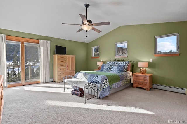 bedroom with baseboard heating, ceiling fan, light colored carpet, and lofted ceiling