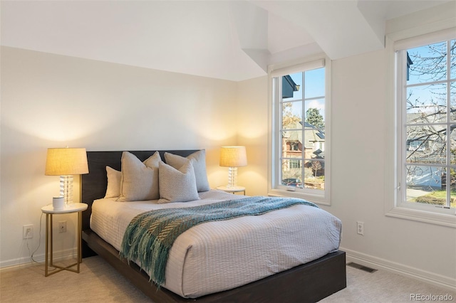 bedroom featuring multiple windows and light colored carpet