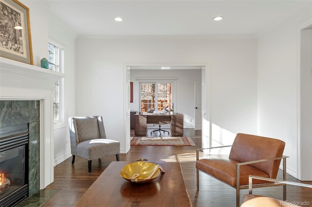 living area with crown molding, a fireplace, and dark wood-type flooring