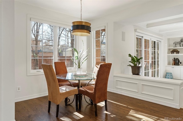 dining area featuring built in features and dark wood-type flooring