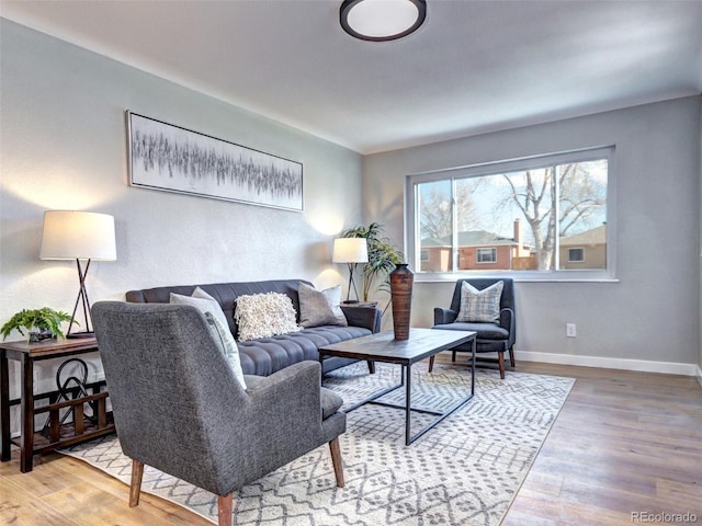 living area featuring baseboards and wood finished floors