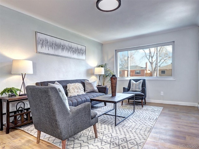 living area with baseboards and wood finished floors