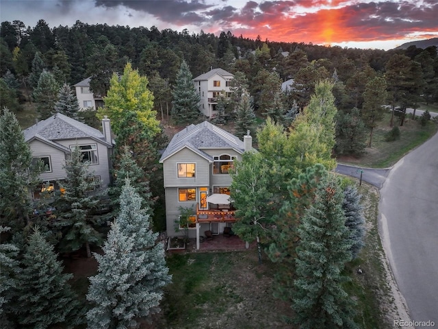 view of aerial view at dusk