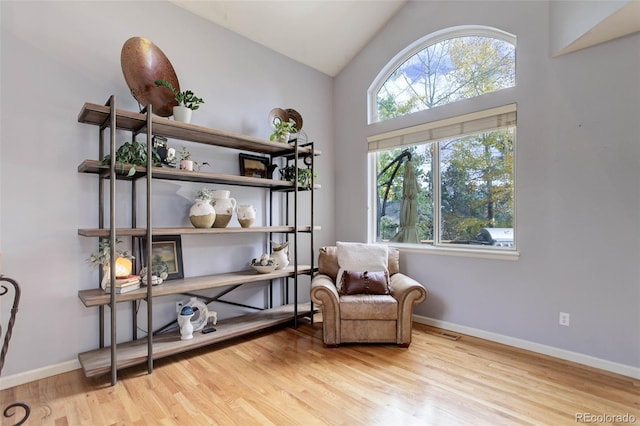 living area featuring hardwood / wood-style flooring and high vaulted ceiling