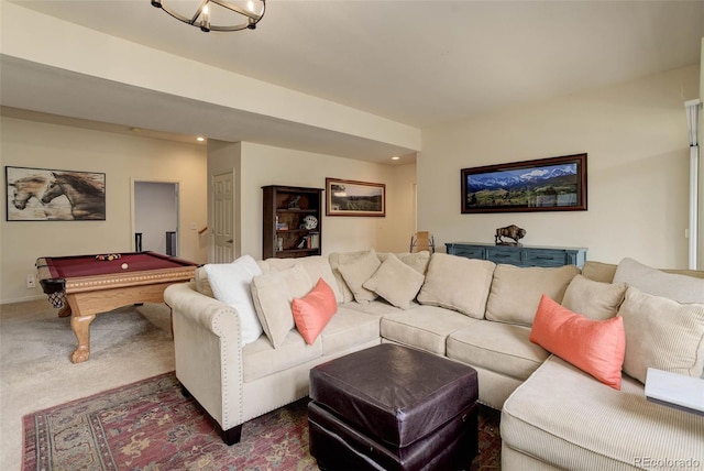 living room featuring carpet and billiards