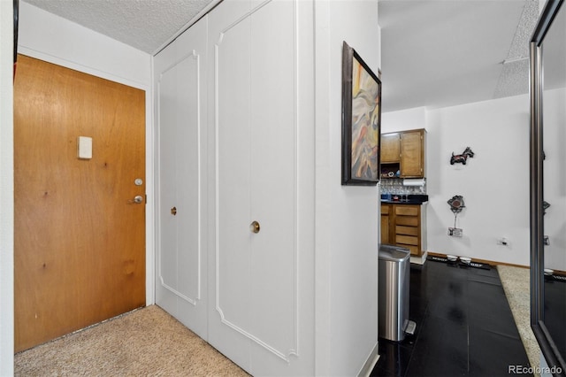 hall featuring light colored carpet and a textured ceiling