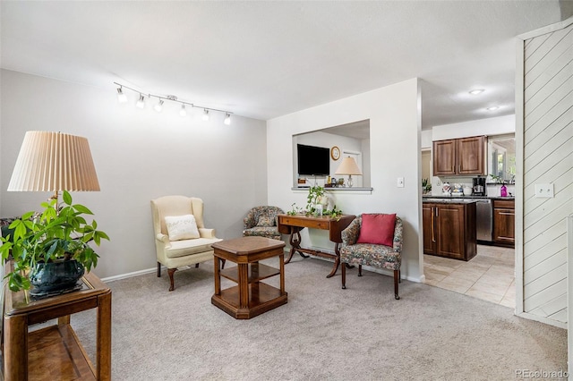 living area with light colored carpet and rail lighting