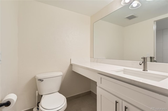 half bath featuring toilet, baseboards, visible vents, tile patterned flooring, and vanity