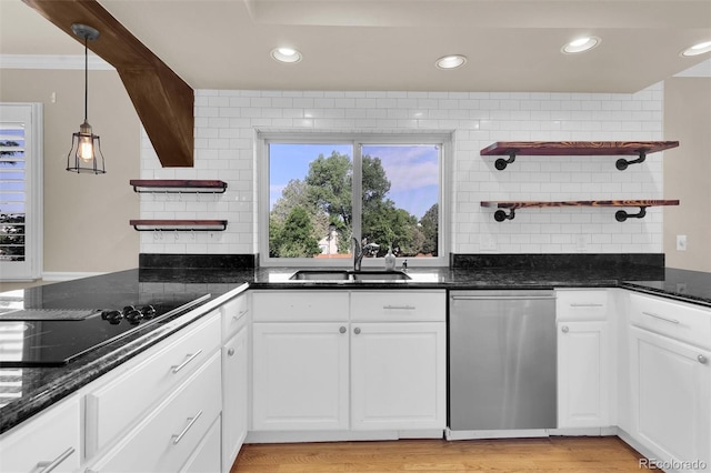 5622 E Weaver Cir, Centennial, CO 80111 - kitchen featuring dishwasher, a sink, open shelves, recessed lighting, and decorative backsplash