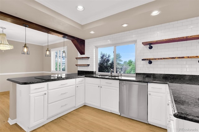 5622 E Weaver Cir, Centennial, CO 80111 - kitchen with dishwasher, a sink, open shelves, a peninsula, and decorative backsplash