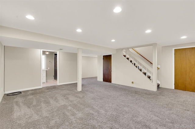 5622 E Weaver Cir, Centennial, CO 80111 - finished basement featuring carpet flooring, stairway, and recessed lighting