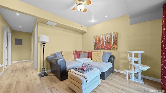 80 Cliff View Cir, Parachute, CO 81635 - living room featuring wood finished floors, ceiling fan, recessed lighting, and electric panel