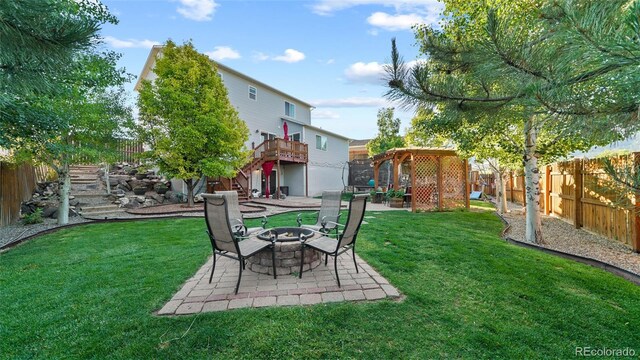 80 Cliff View Cir, Parachute, CO 81635 - fenced backyard with a pergola, a fire pit, stairs, a patio, and a deck