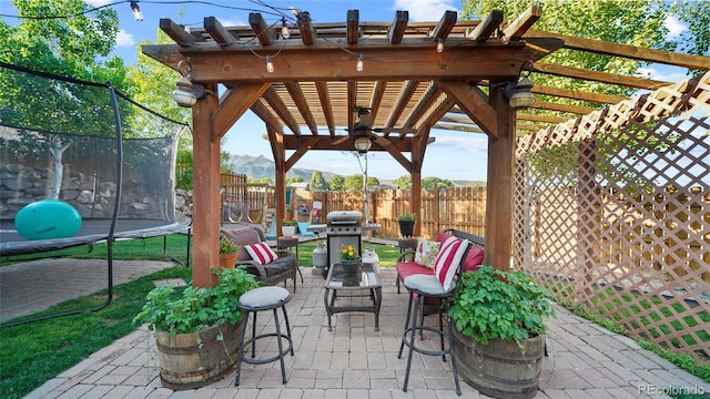 80 Cliff View Cir, Parachute, CO 81635 - view of patio / terrace featuring a trampoline, a ceiling fan, area for grilling, and a pergola