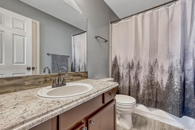 55610 E 40th Ave, Strasburg, CO 80136 - full bathroom featuring a textured wall, vanity, and a shower with curtain