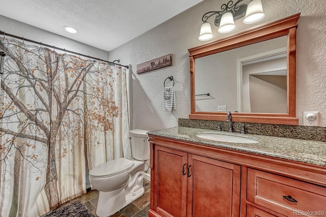 55610 E 40th Ave, Strasburg, CO 80136 - bathroom featuring a textured wall, a textured ceiling, vanity, and a shower with curtain